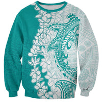 Polynesian Teal Plumeria Lei Sweatshirt with Hammerhead Shark