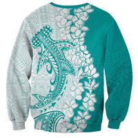Polynesian Teal Plumeria Lei Sweatshirt with Hammerhead Shark