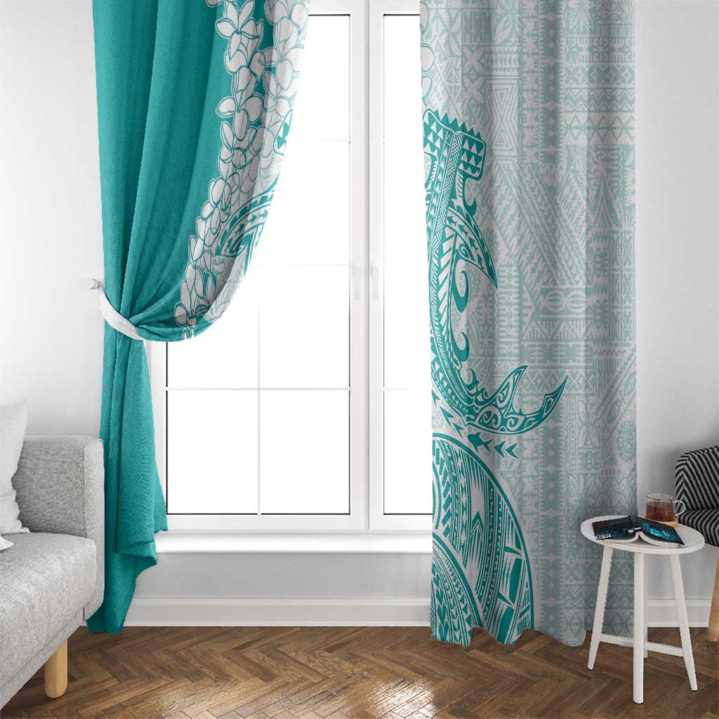Polynesian Teal Plumeria Lei Window Curtain with Hammerhead Shark