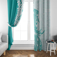 Polynesian Teal Plumeria Lei Window Curtain with Hammerhead Shark