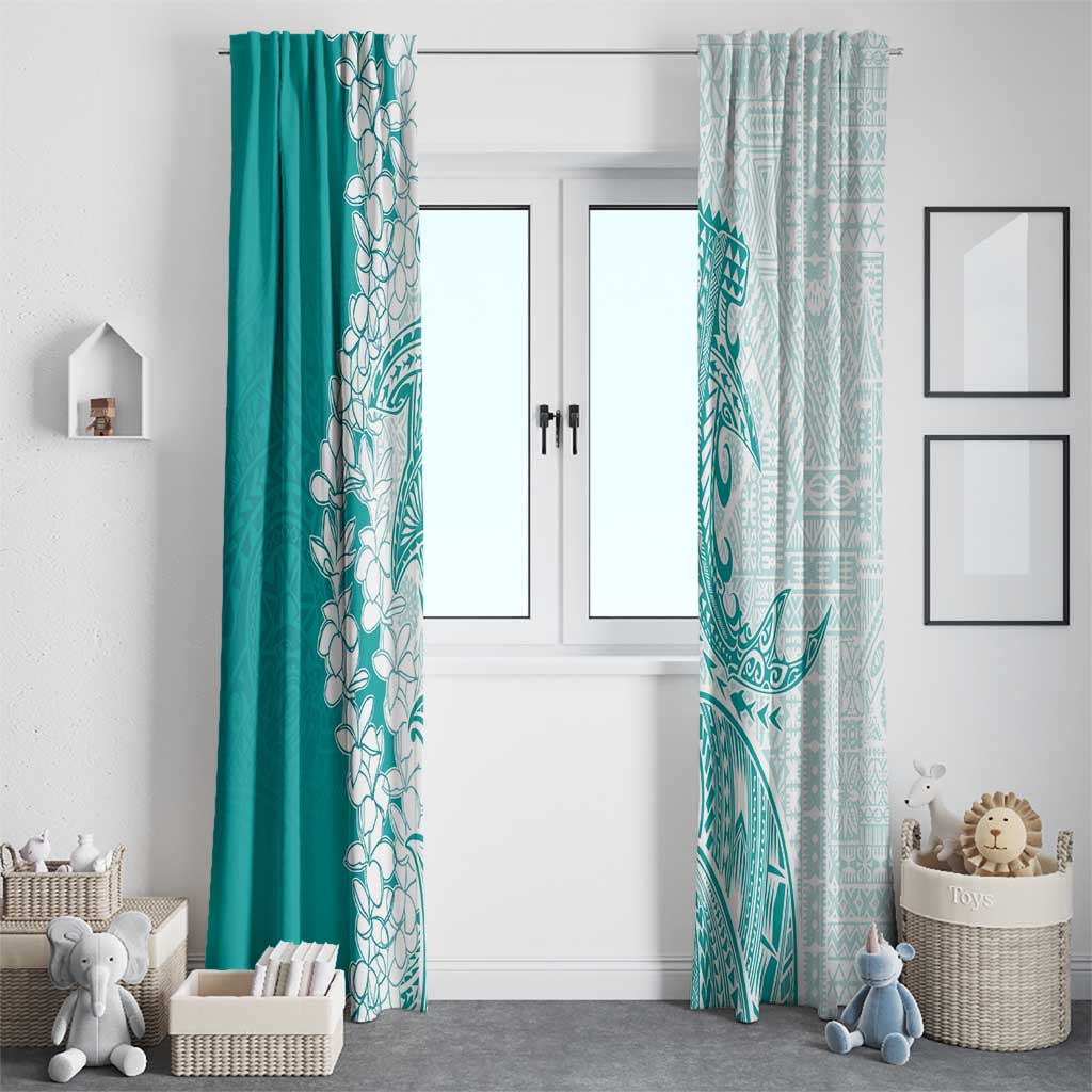 Polynesian Teal Plumeria Lei Window Curtain with Hammerhead Shark
