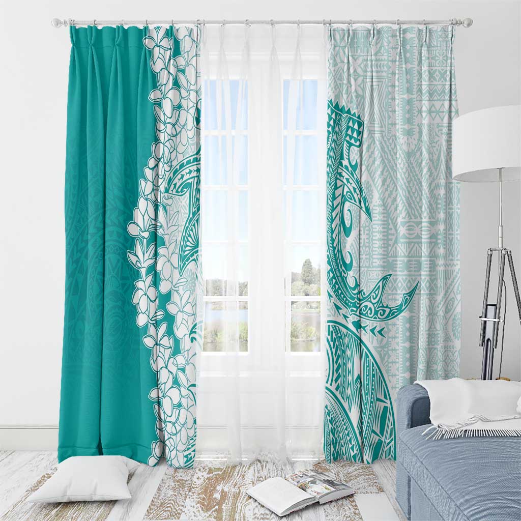 Polynesian Teal Plumeria Lei Window Curtain with Hammerhead Shark