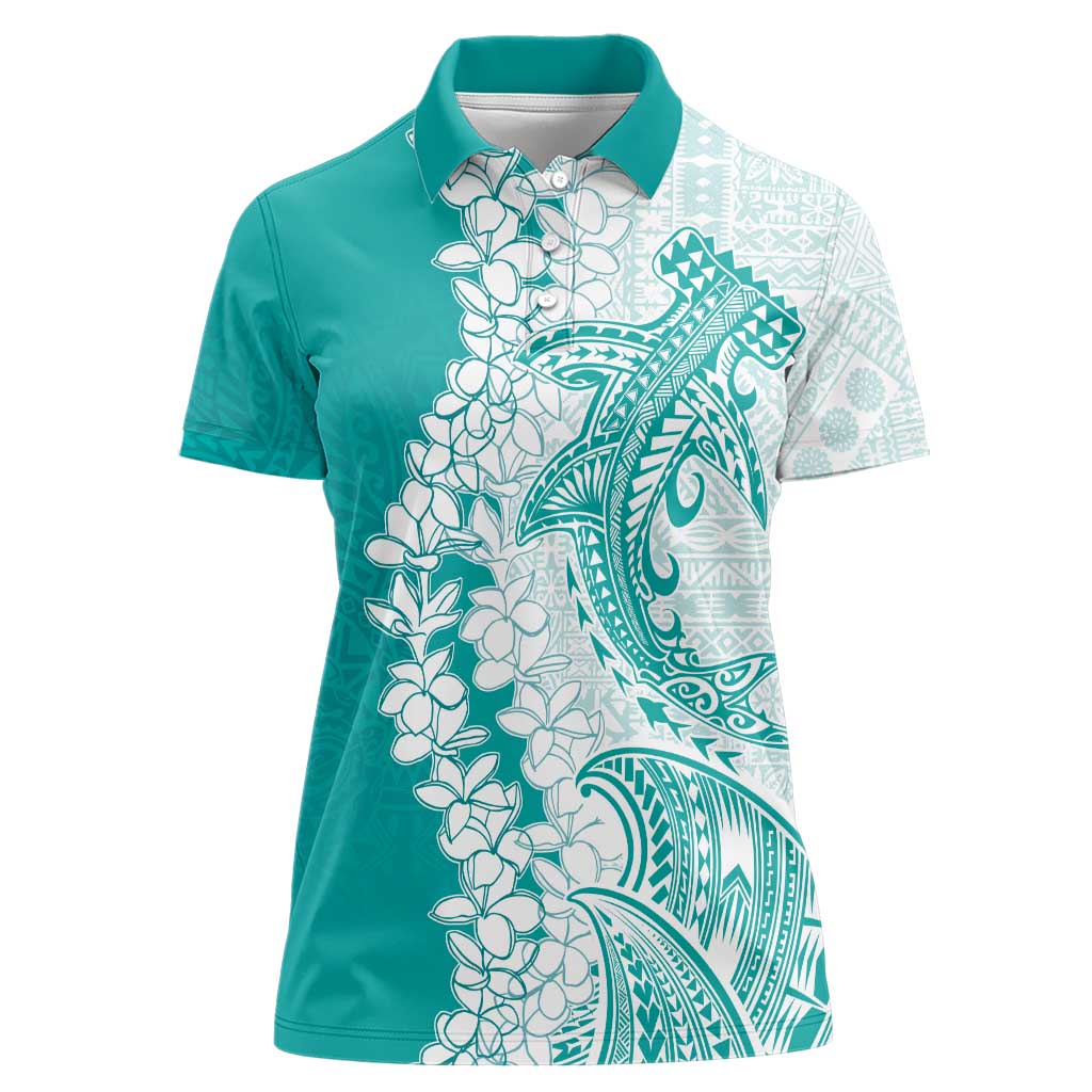Polynesian Teal Plumeria Lei Women Polo Shirt with Hammerhead Shark
