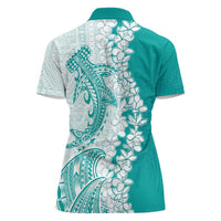 Polynesian Teal Plumeria Lei Women Polo Shirt with Hammerhead Shark