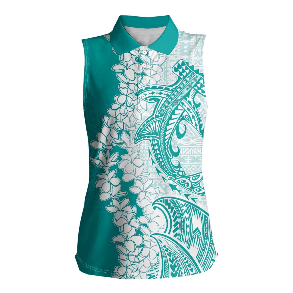 Polynesian Teal Plumeria Lei Women Sleeveless Polo Shirt with Hammerhead Shark LT7 Female Teal - Polynesian Pride