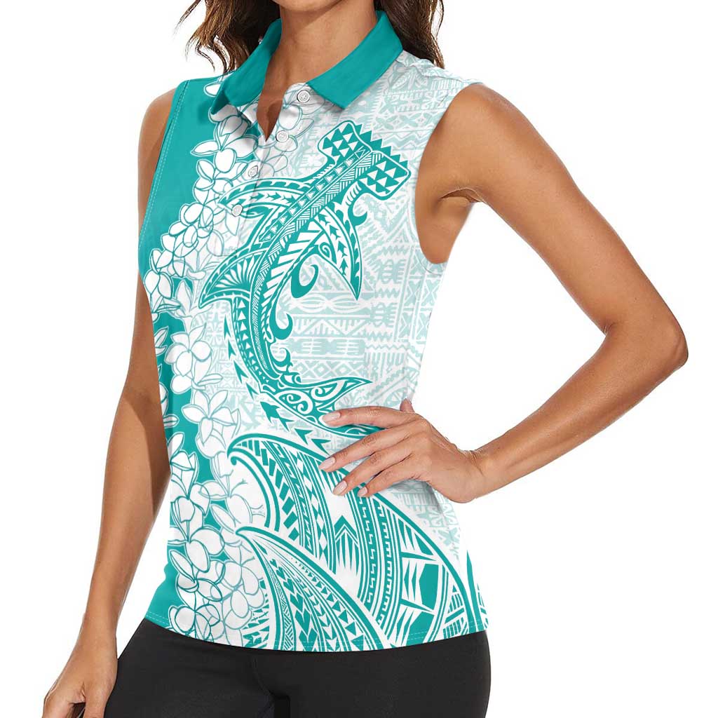 Polynesian Teal Plumeria Lei Women Sleeveless Polo Shirt with Hammerhead Shark LT7 - Polynesian Pride