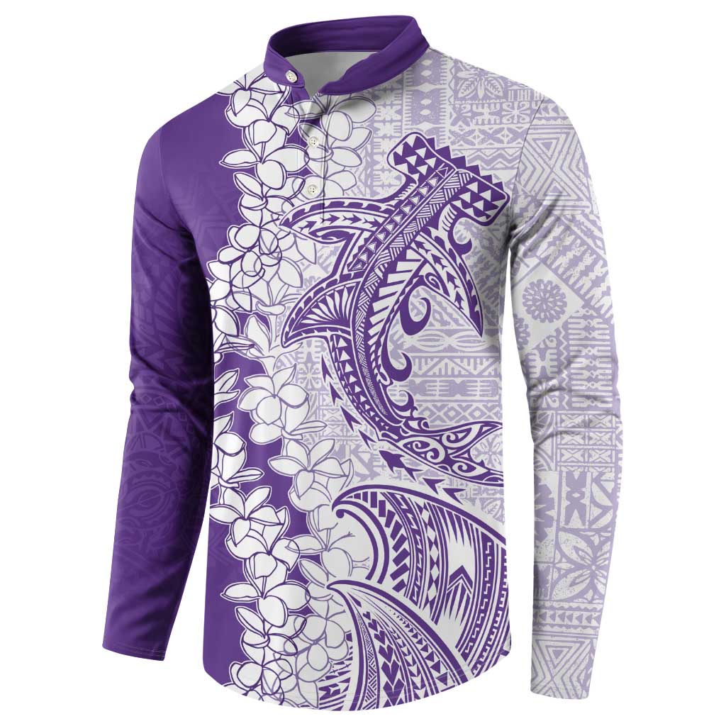 Polynesian Purple Plumeria Lei Button Sweatshirt with Hammerhead Shark