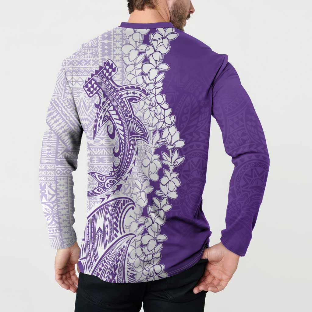 Polynesian Purple Plumeria Lei Button Sweatshirt with Hammerhead Shark