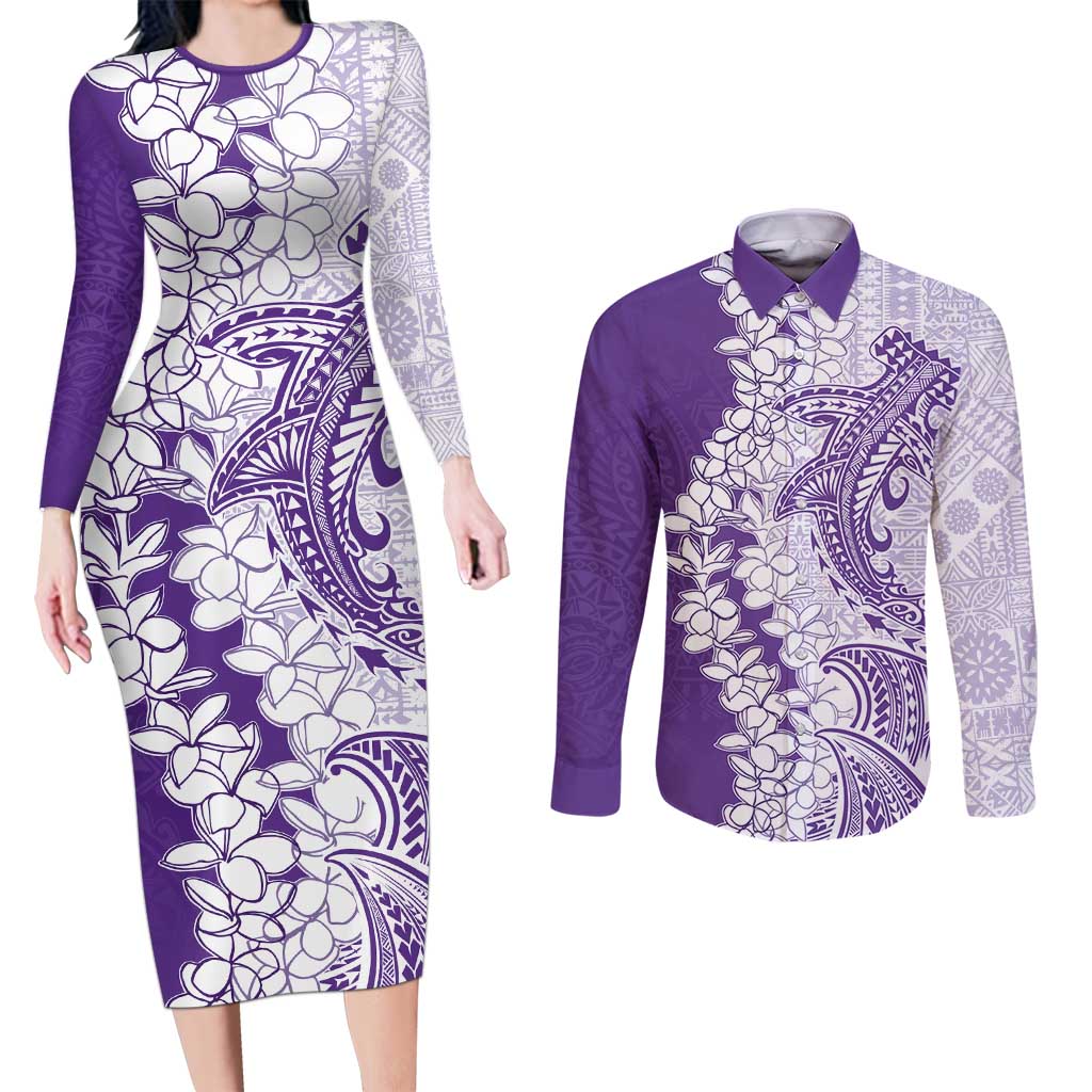 Polynesian Purple Plumeria Lei Couples Matching Long Sleeve Bodycon Dress and Long Sleeve Button Shirt with Hammerhead Shark