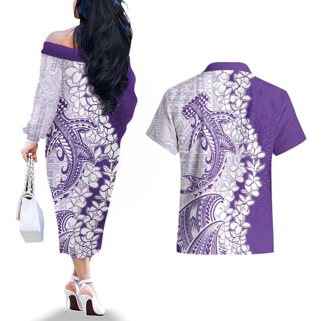 Polynesian Purple Plumeria Lei Couples Matching Off The Shoulder Long Sleeve Dress and Hawaiian Shirt with Hammerhead Shark