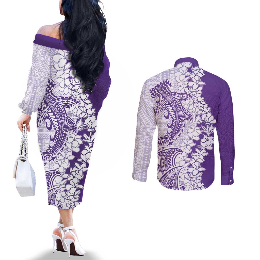 Polynesian Purple Plumeria Lei Couples Matching Off The Shoulder Long Sleeve Dress and Long Sleeve Button Shirt with Hammerhead Shark