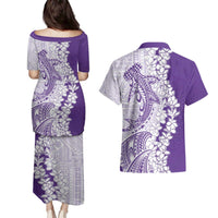 Polynesian Purple Plumeria Lei Couples Matching Puletasi and Hawaiian Shirt with Hammerhead Shark
