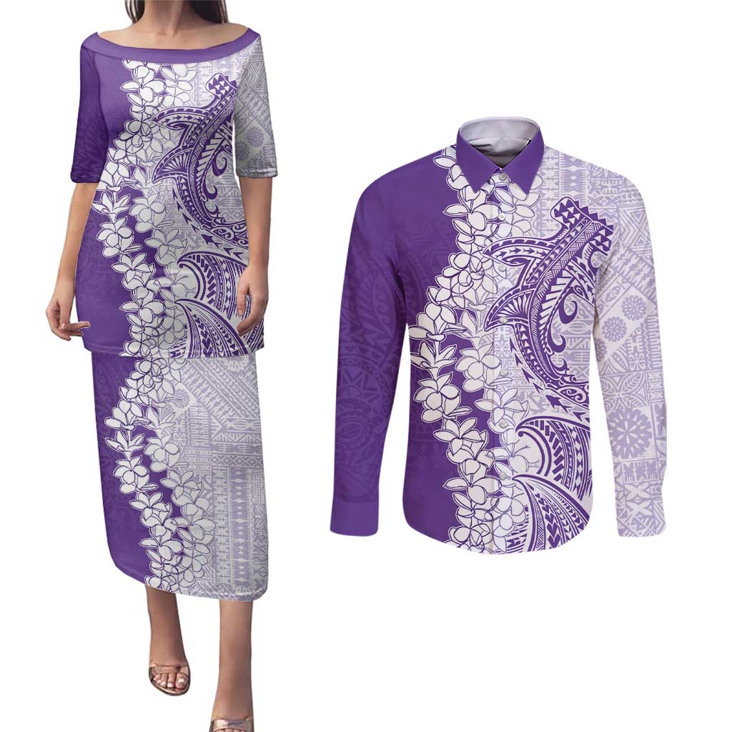 Polynesian Purple Plumeria Lei Couples Matching Puletasi and Long Sleeve Button Shirt with Hammerhead Shark