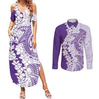 Polynesian Purple Plumeria Lei Couples Matching Summer Maxi Dress and Long Sleeve Button Shirt with Hammerhead Shark