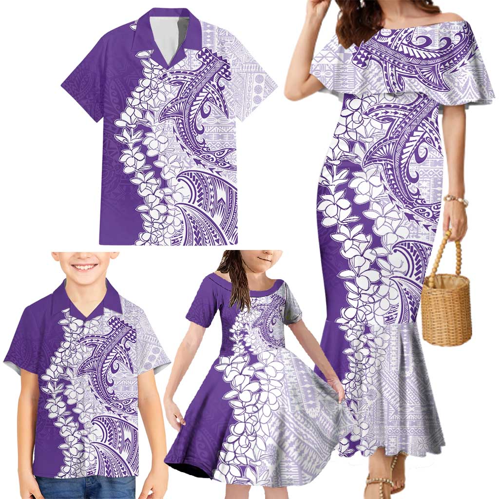 Polynesian Purple Plumeria Lei Family Matching Mermaid Dress and Hawaiian Shirt with Hammerhead Shark