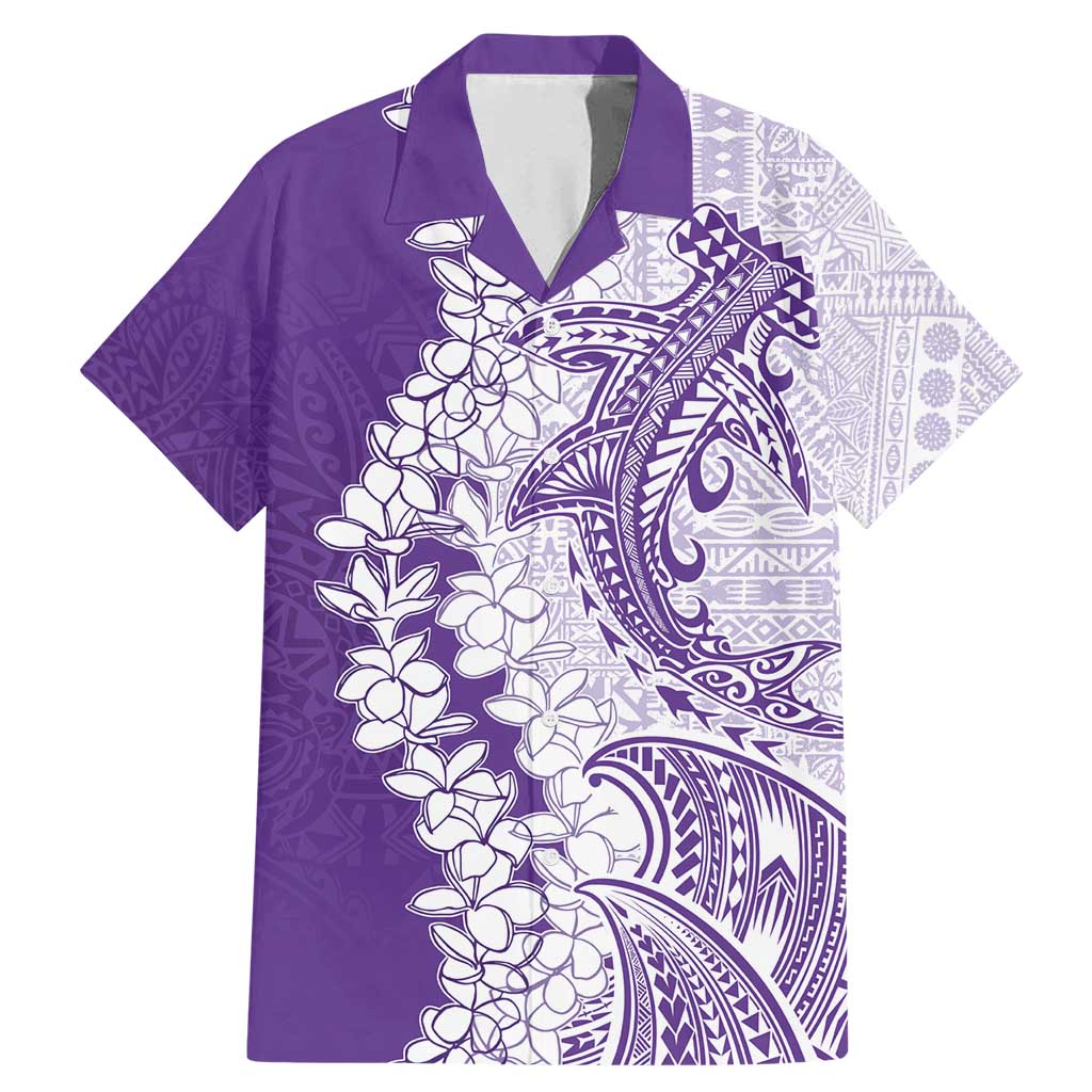 Polynesian Purple Plumeria Lei Family Matching Mermaid Dress and Hawaiian Shirt with Hammerhead Shark