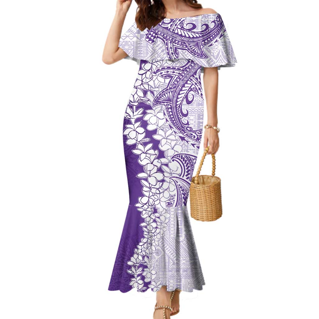 Polynesian Purple Plumeria Lei Family Matching Mermaid Dress and Hawaiian Shirt with Hammerhead Shark