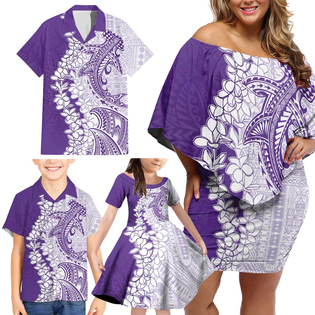 Polynesian Purple Plumeria Lei Family Matching Off Shoulder Short Dress and Hawaiian Shirt with Hammerhead Shark