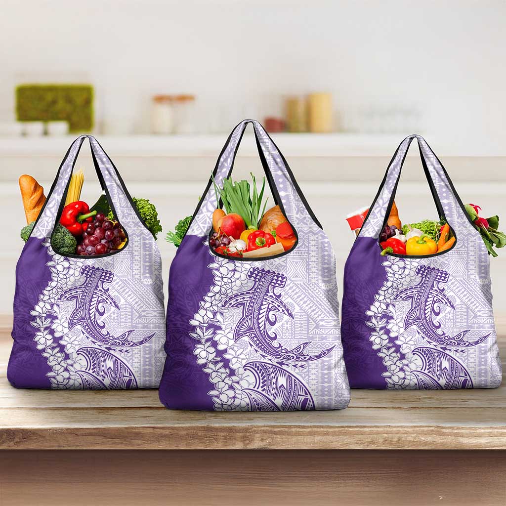 Polynesian Purple Plumeria Lei Grocery Bag with Hammerhead Shark