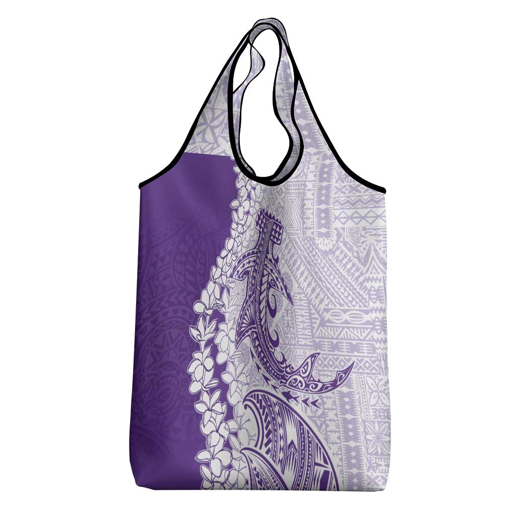 Polynesian Purple Plumeria Lei Grocery Bag with Hammerhead Shark