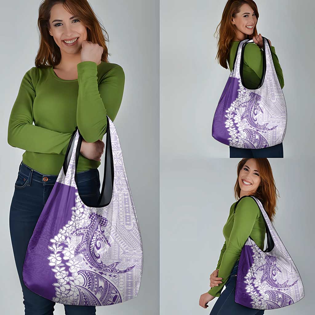Polynesian Purple Plumeria Lei Grocery Bag with Hammerhead Shark