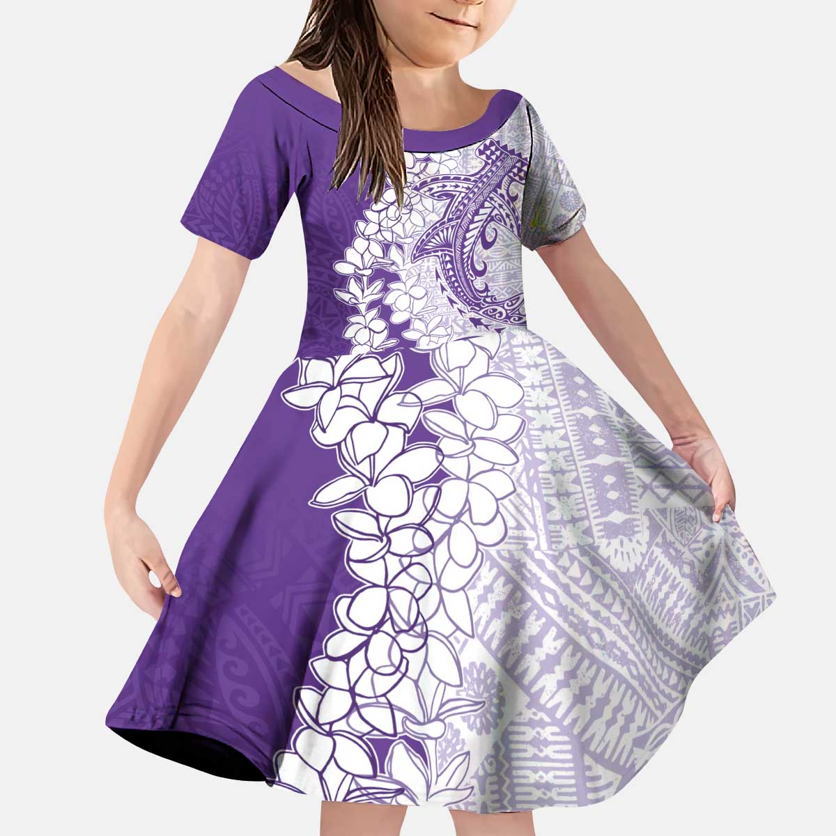Polynesian Purple Plumeria Lei Kid Short Sleeve Dress with Hammerhead Shark LT7 KID Purple - Polynesian Pride