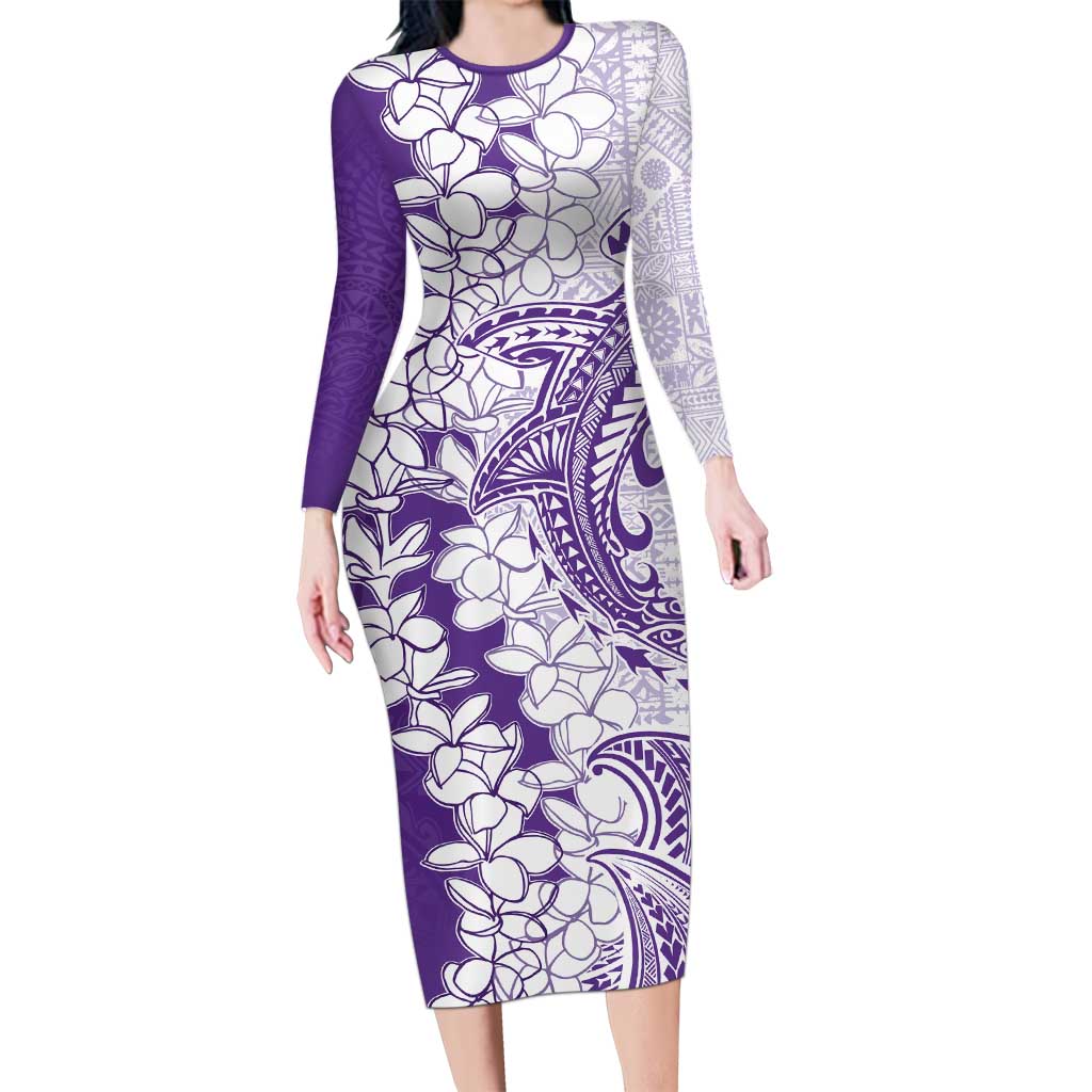 Polynesian Purple Plumeria Lei Long Sleeve Bodycon Dress with Hammerhead Shark LT7 Long Dress Purple - Polynesian Pride