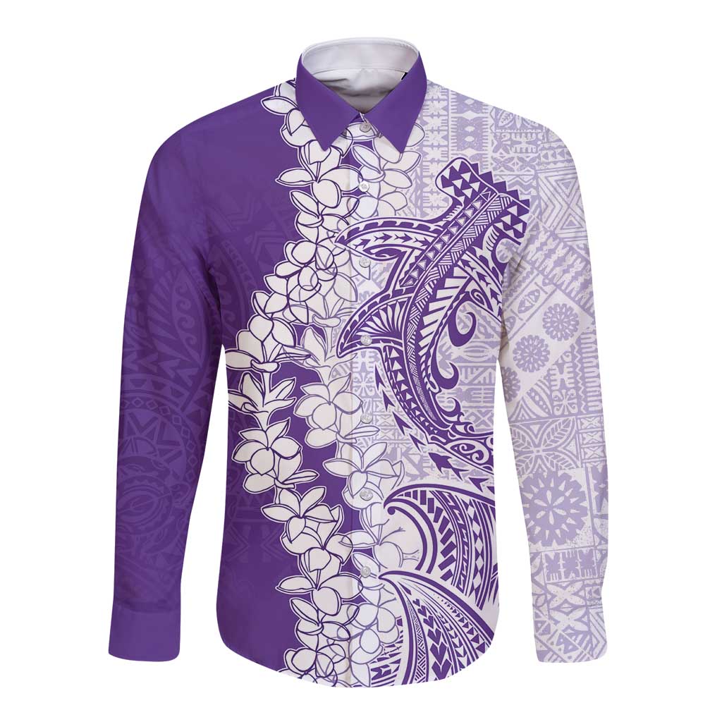 Polynesian Purple Plumeria Lei Long Sleeve Button Shirt with Hammerhead Shark LT7 Unisex Purple - Polynesian Pride