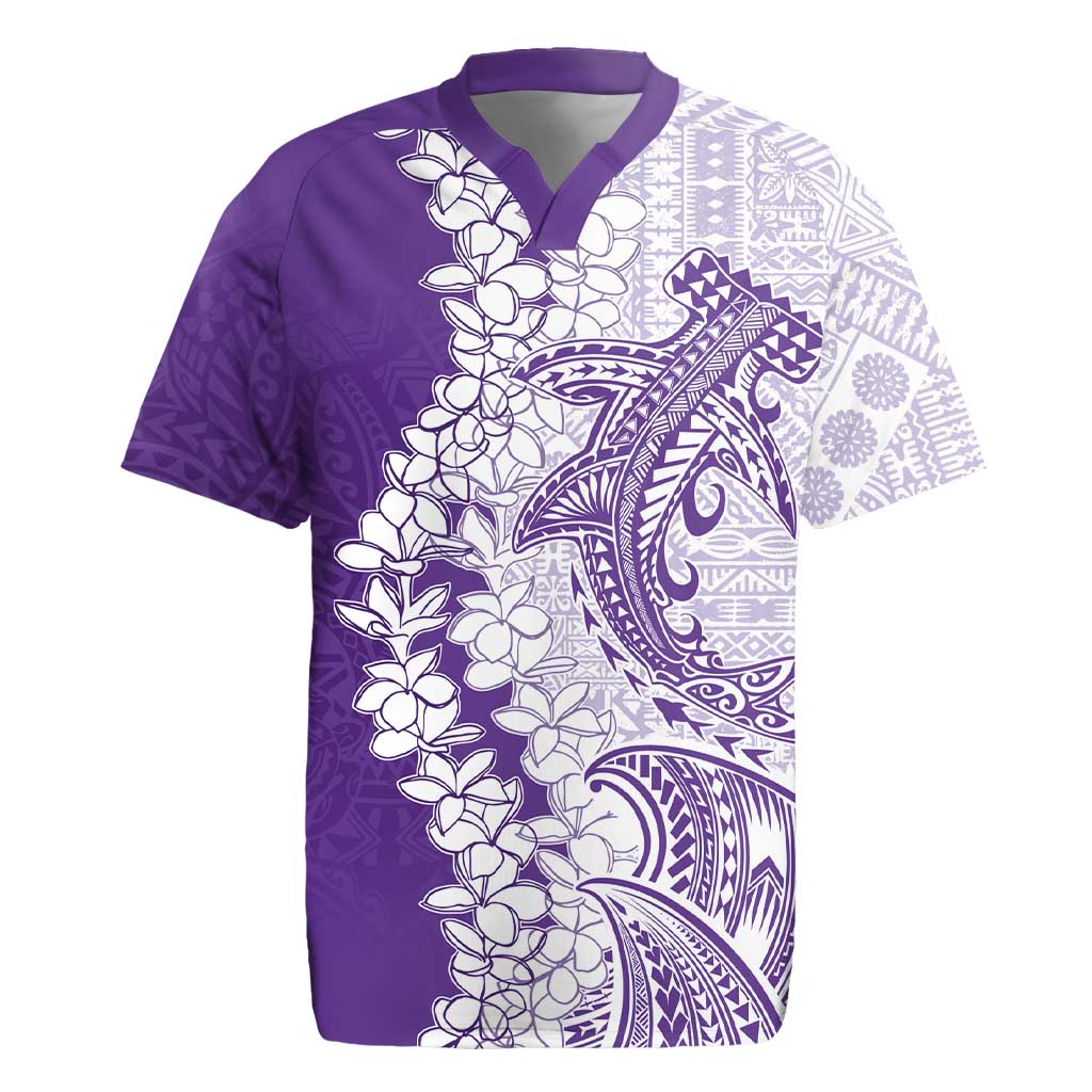 Polynesian Purple Plumeria Lei Rugby Jersey with Hammerhead Shark