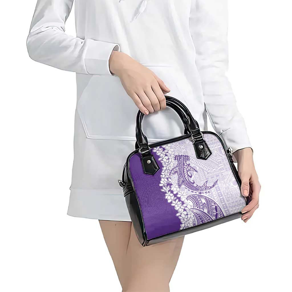 Polynesian Purple Plumeria Lei Shoulder Handbag with Hammerhead Shark