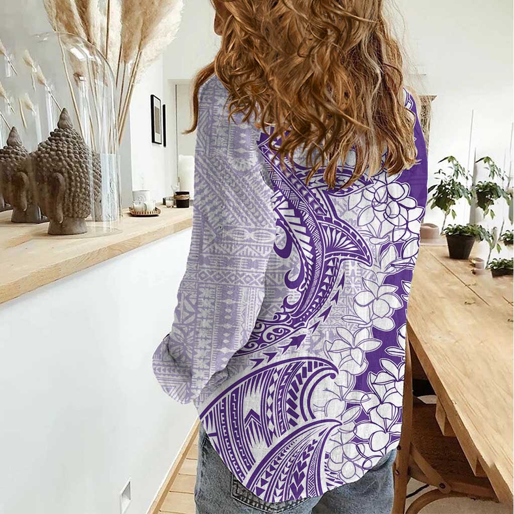 Polynesian Purple Plumeria Lei Women Casual Shirt with Hammerhead Shark LT7 - Polynesian Pride