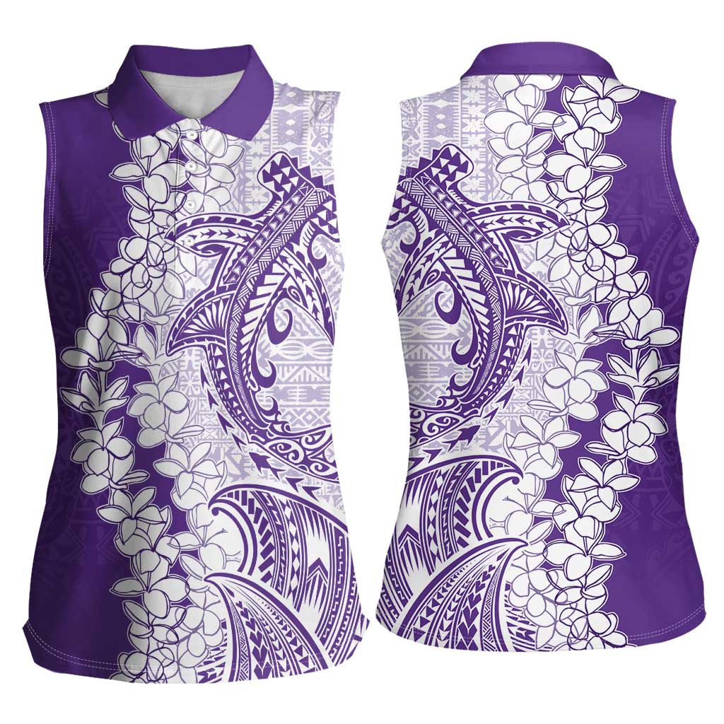 Polynesian Purple Plumeria Lei Women Sleeveless Polo Shirt with Hammerhead Shark LT7 - Polynesian Pride
