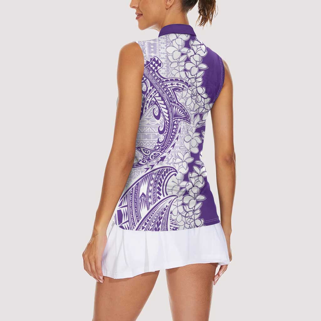 Polynesian Purple Plumeria Lei Women Sleeveless Polo Shirt with Hammerhead Shark LT7 - Polynesian Pride