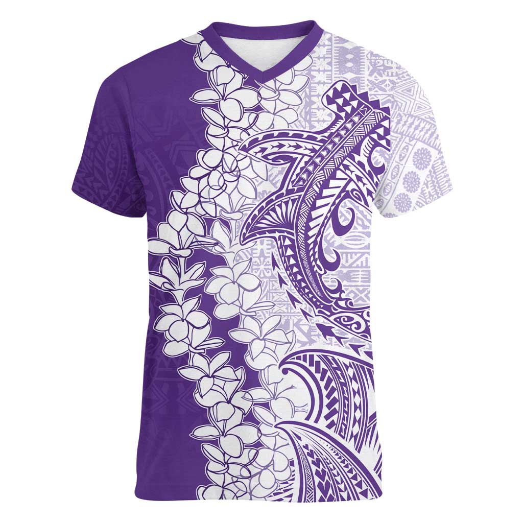 Polynesian Purple Plumeria Lei Women V-Neck T-Shirt with Hammerhead Shark LT7 Female Purple - Polynesian Pride