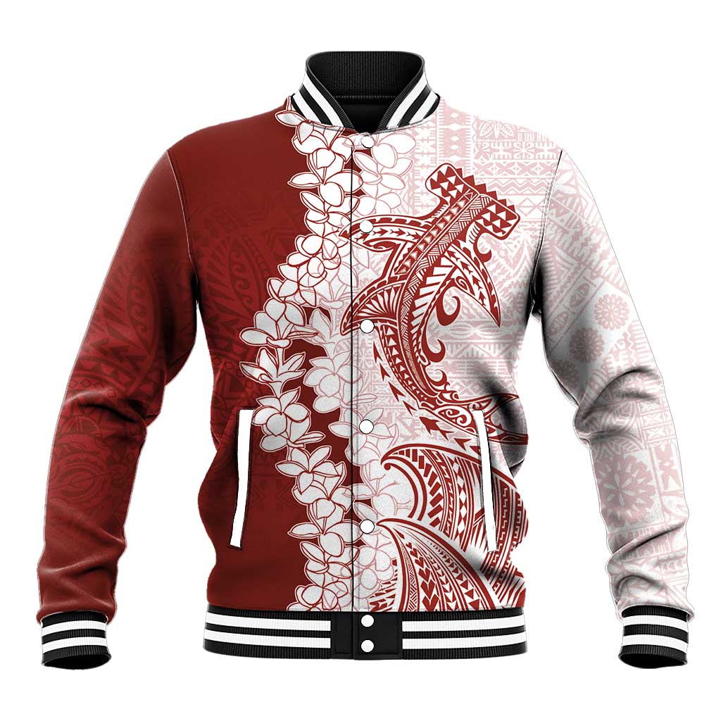Polynesian Crimson Plumeria Lei Baseball Jacket with Hammerhead Shark LT7 Unisex Red - Polynesian Pride