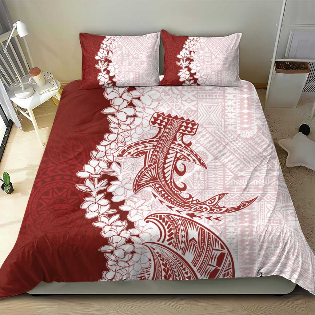 Polynesian Crimson Plumeria Lei Bedding Set with Hammerhead Shark