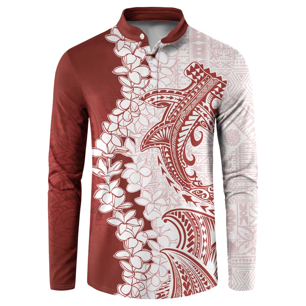 Polynesian Crimson Plumeria Lei Button Sweatshirt with Hammerhead Shark