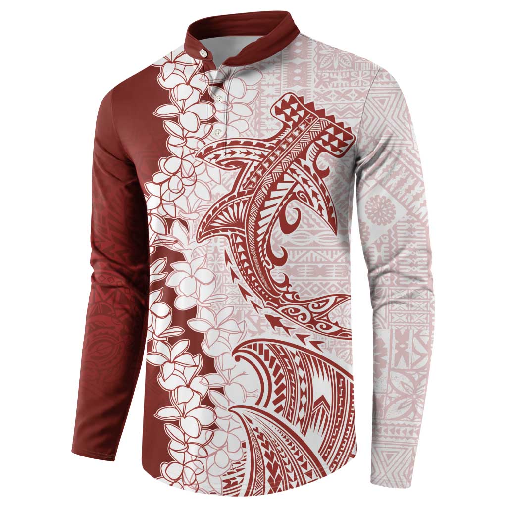 Polynesian Crimson Plumeria Lei Button Sweatshirt with Hammerhead Shark