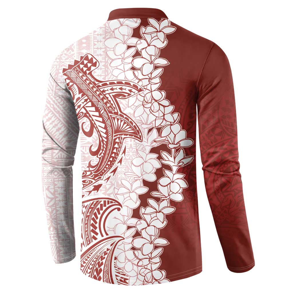 Polynesian Crimson Plumeria Lei Button Sweatshirt with Hammerhead Shark