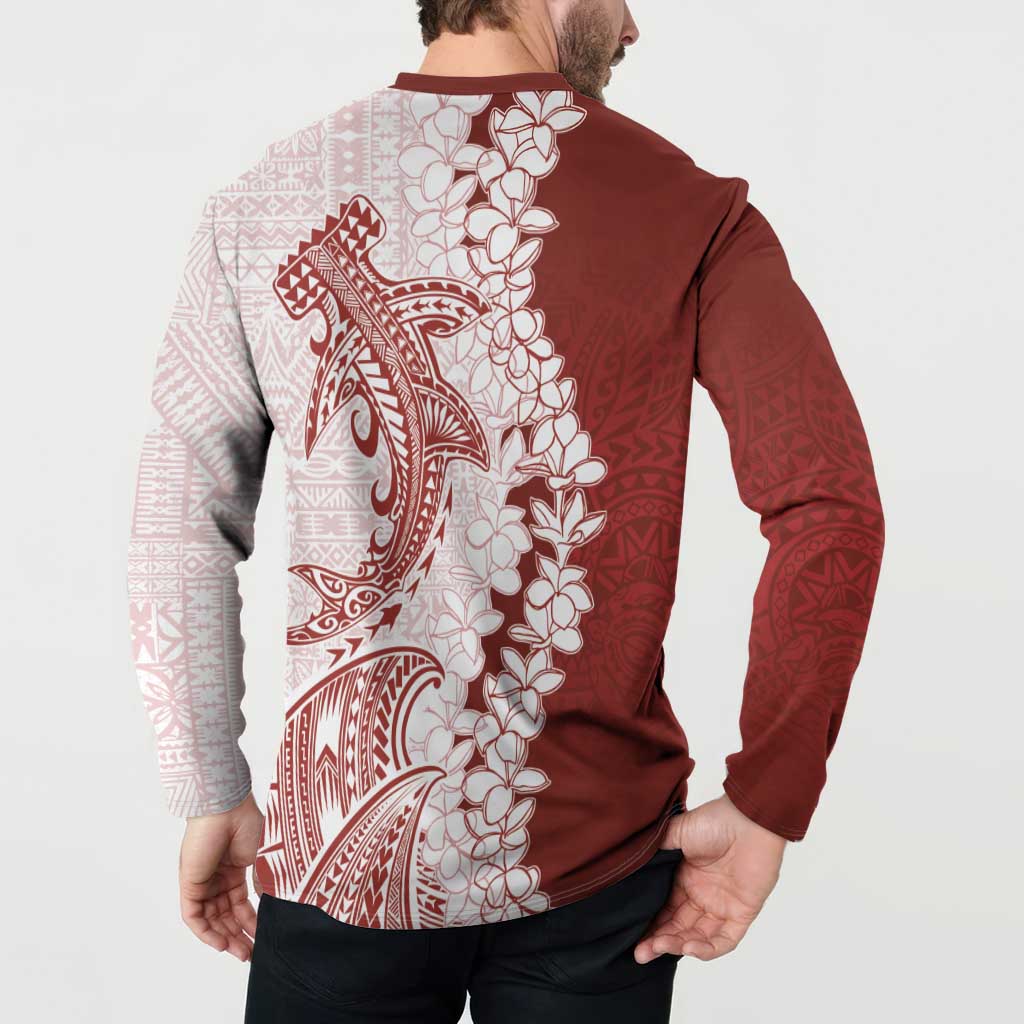 Polynesian Crimson Plumeria Lei Button Sweatshirt with Hammerhead Shark