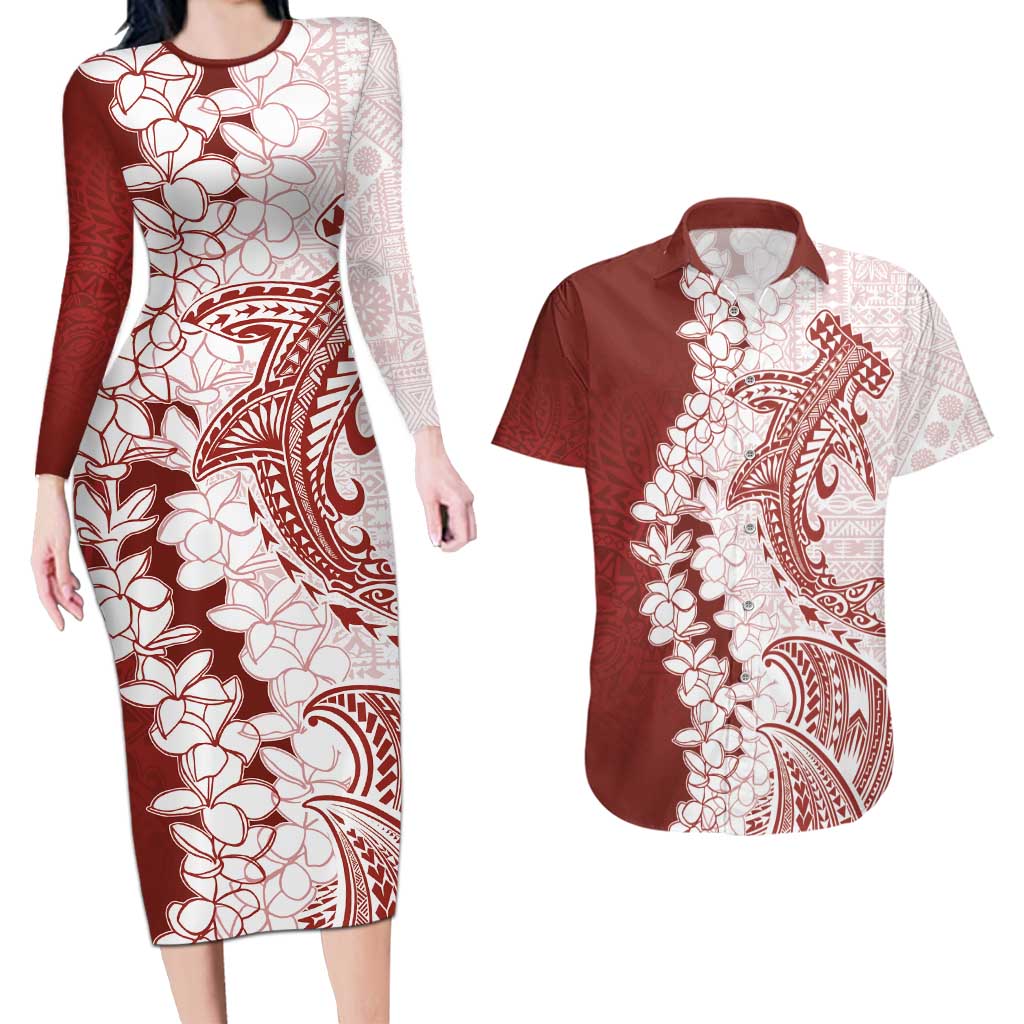 Polynesian Crimson Plumeria Lei Couples Matching Long Sleeve Bodycon Dress and Hawaiian Shirt with Hammerhead Shark LT7 Red - Polynesian Pride