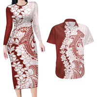 Polynesian Crimson Plumeria Lei Couples Matching Long Sleeve Bodycon Dress and Hawaiian Shirt with Hammerhead Shark LT7 Red - Polynesian Pride