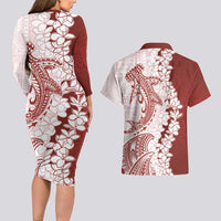 Polynesian Crimson Plumeria Lei Couples Matching Long Sleeve Bodycon Dress and Hawaiian Shirt with Hammerhead Shark LT7 - Polynesian Pride
