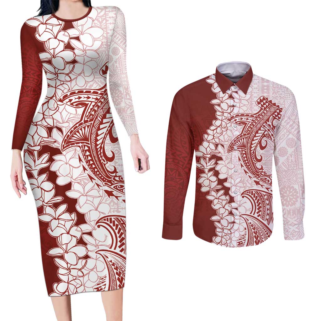 Polynesian Crimson Plumeria Lei Couples Matching Long Sleeve Bodycon Dress and Long Sleeve Button Shirt with Hammerhead Shark
