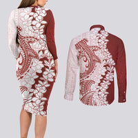 Polynesian Crimson Plumeria Lei Couples Matching Long Sleeve Bodycon Dress and Long Sleeve Button Shirt with Hammerhead Shark