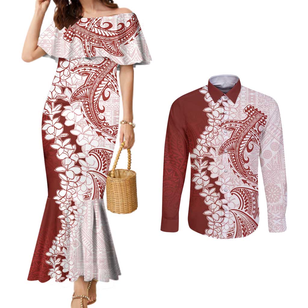 Polynesian Crimson Plumeria Lei Couples Matching Mermaid Dress and Long Sleeve Button Shirt with Hammerhead Shark