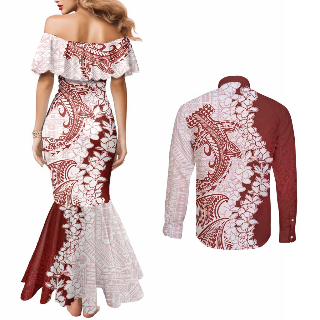 Polynesian Crimson Plumeria Lei Couples Matching Mermaid Dress and Long Sleeve Button Shirt with Hammerhead Shark