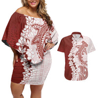 Polynesian Crimson Plumeria Lei Couples Matching Off Shoulder Short Dress and Hawaiian Shirt with Hammerhead Shark