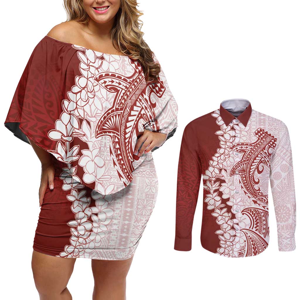 Polynesian Crimson Plumeria Lei Couples Matching Off Shoulder Short Dress and Long Sleeve Button Shirt with Hammerhead Shark
