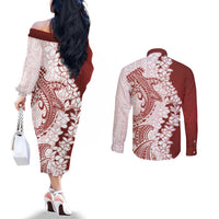 Polynesian Crimson Plumeria Lei Couples Matching Off The Shoulder Long Sleeve Dress and Long Sleeve Button Shirt with Hammerhead Shark